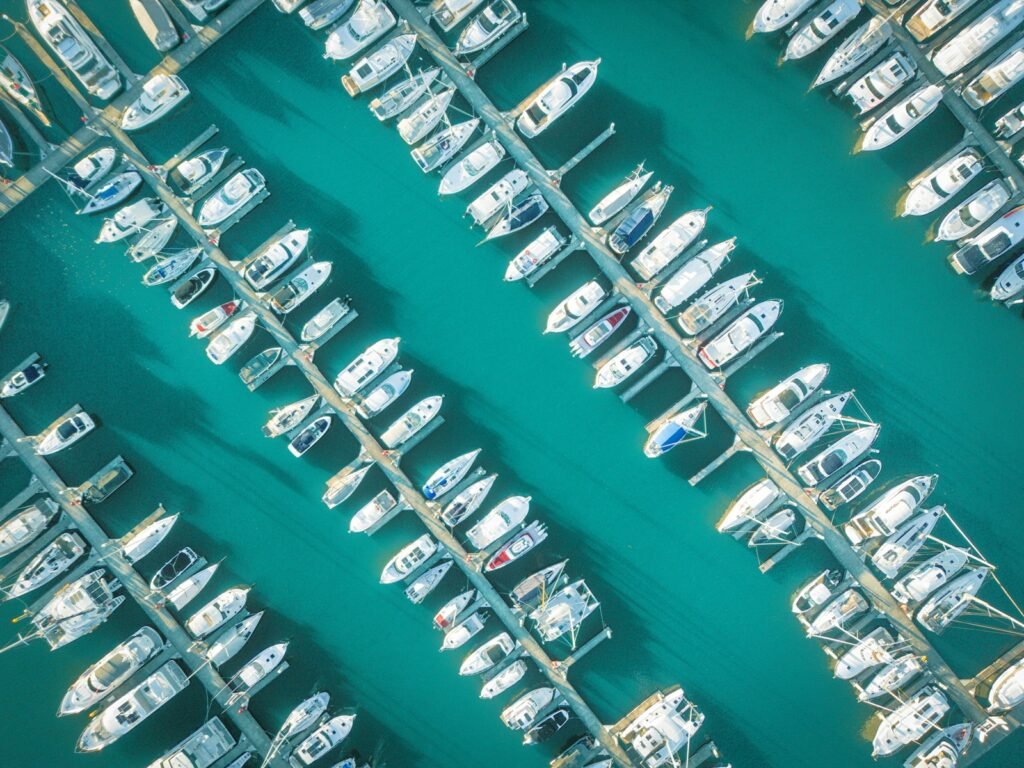 Aerial view of boats in a Southport marina, Queensland
